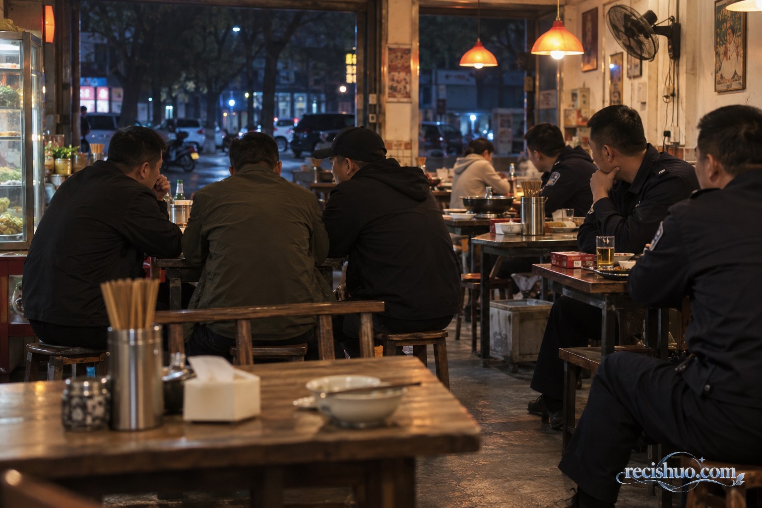深夜餐馆内三名男子交谈,邻桌民警留意异常情况的纪实场景