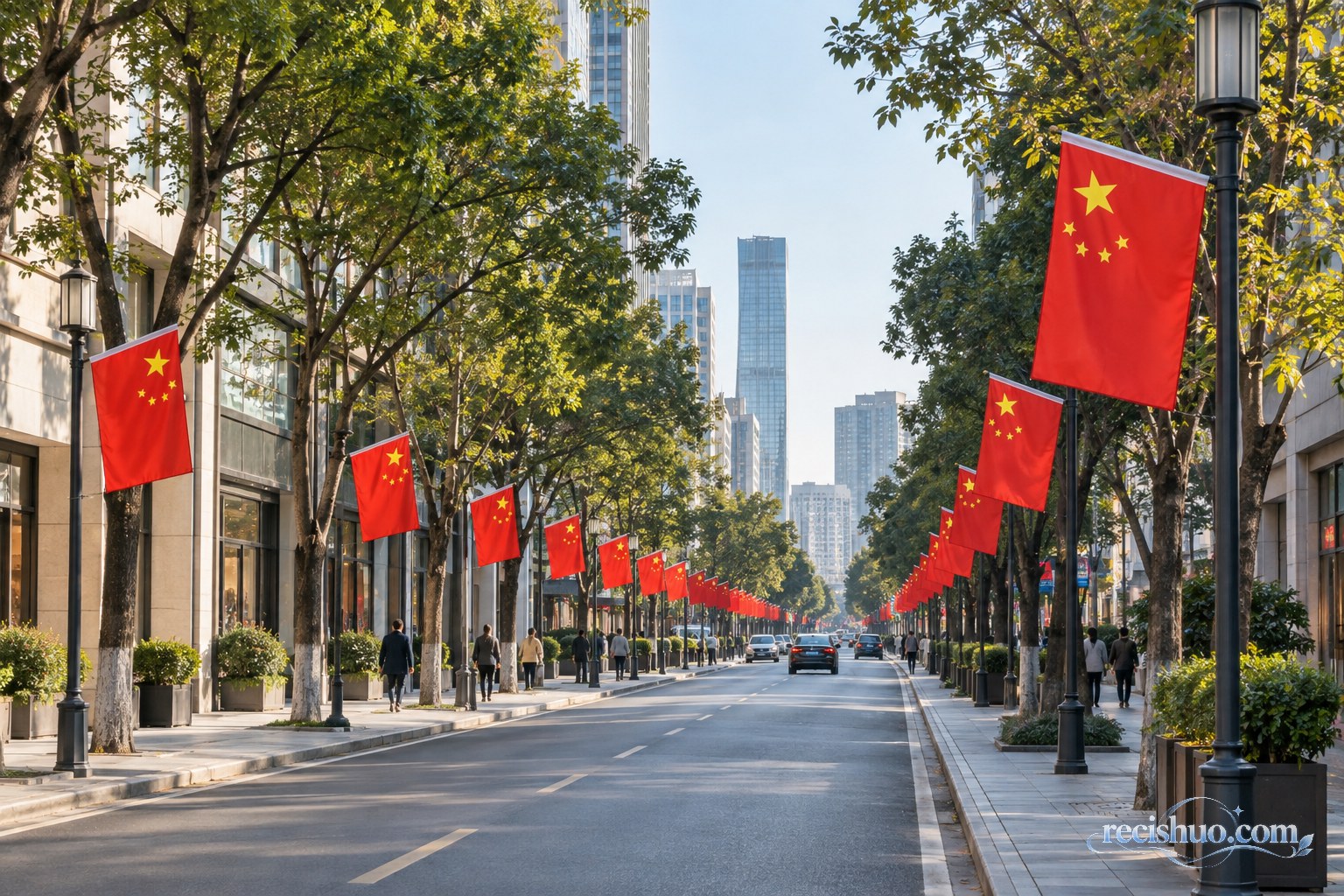 秋日阳光下整洁城市街道两侧有序悬挂国旗,呈现庄重温暖的国庆氛围