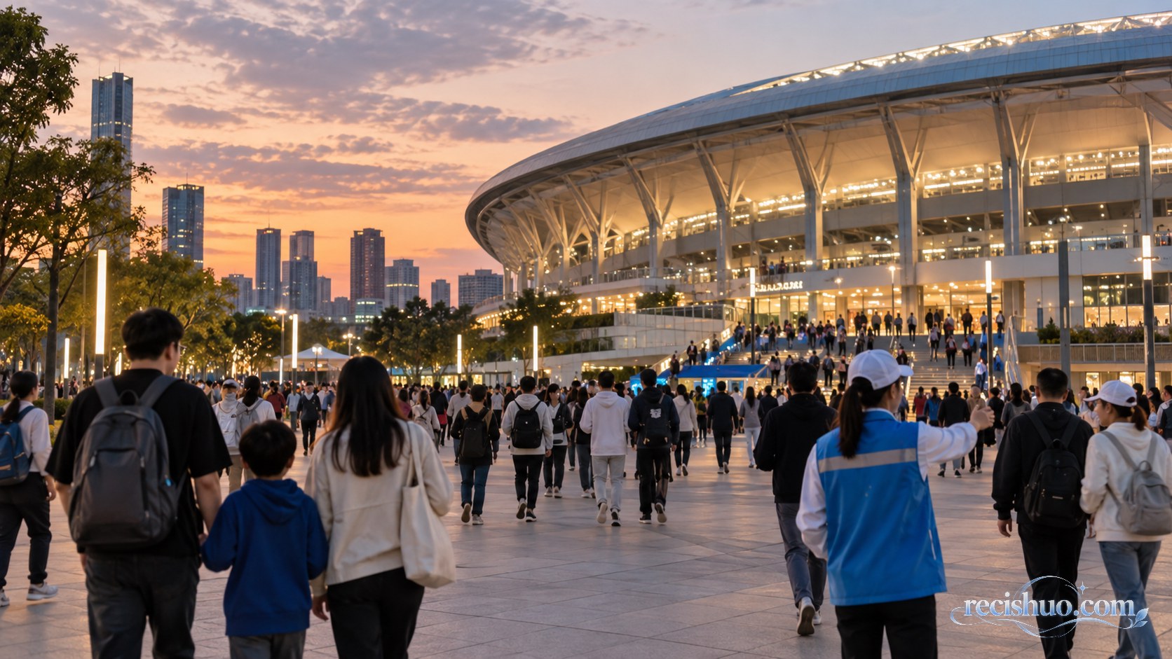 傍晚观众有序进入现代城市体育场馆的赛事日场景