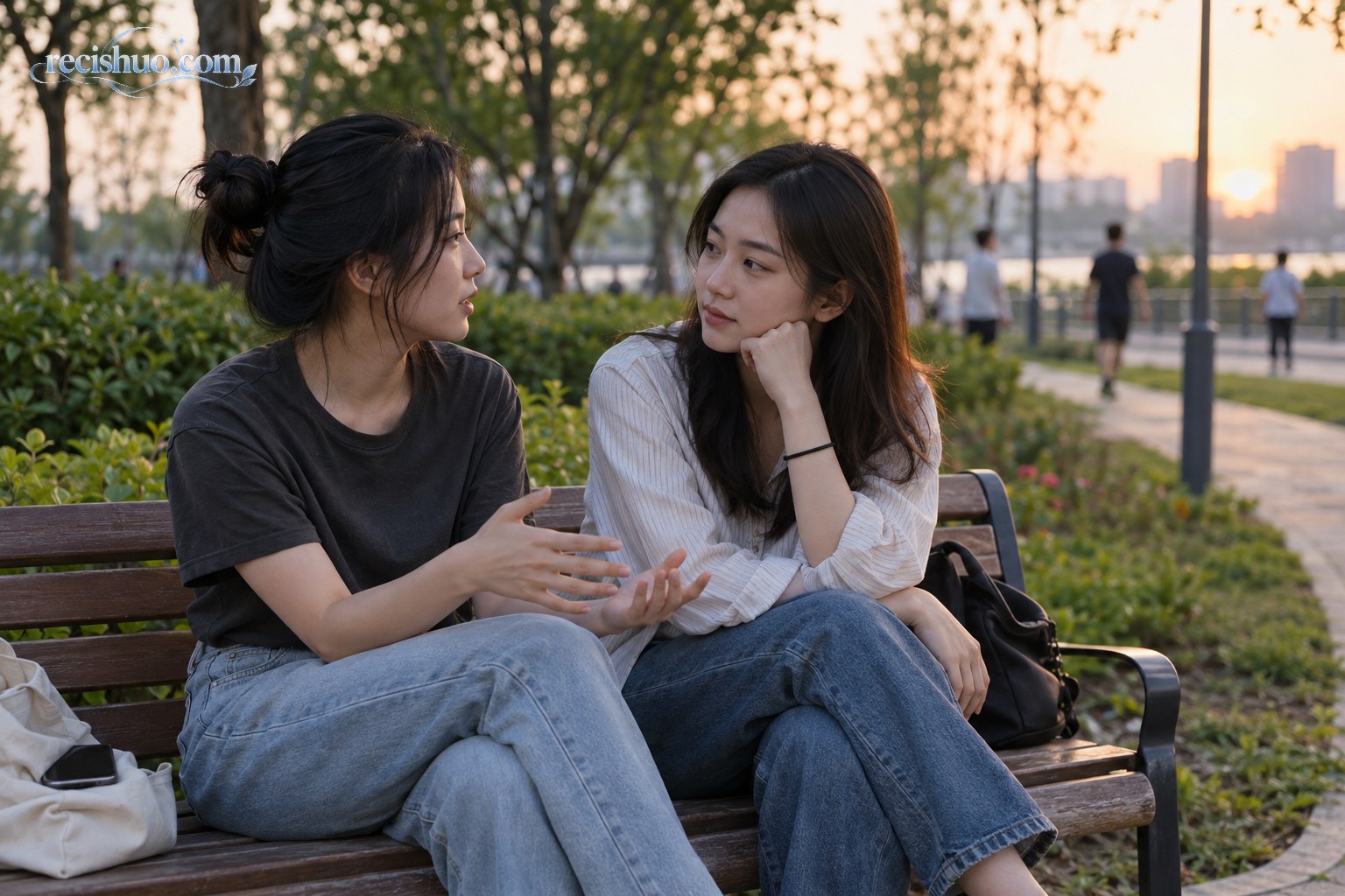 傍晚的社区公园里,两名年轻朋友坐在长椅上认真交谈