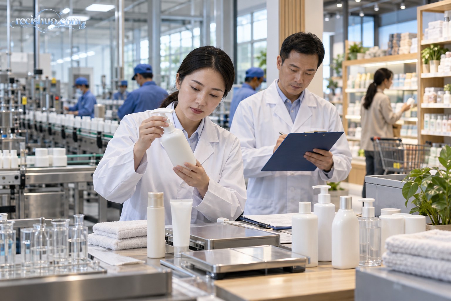 质量检验人员在日用品生产与零售衔接场景中检查无品牌产品