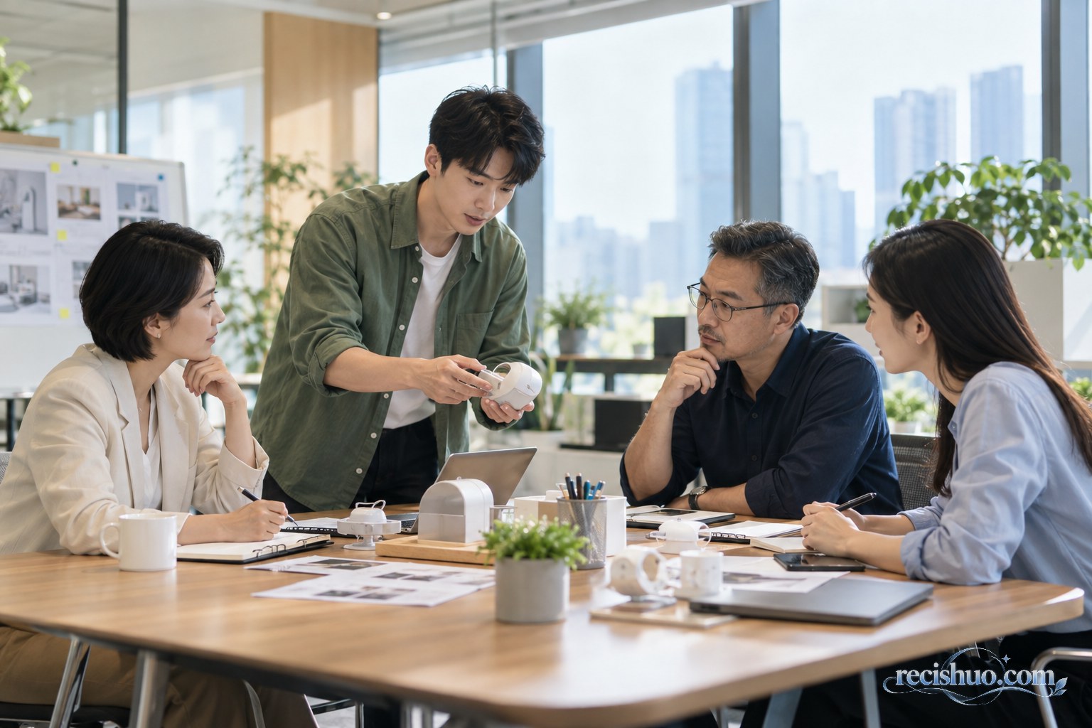 候选人展示实物原型,多名招聘人员围绕实际任务进行讨论