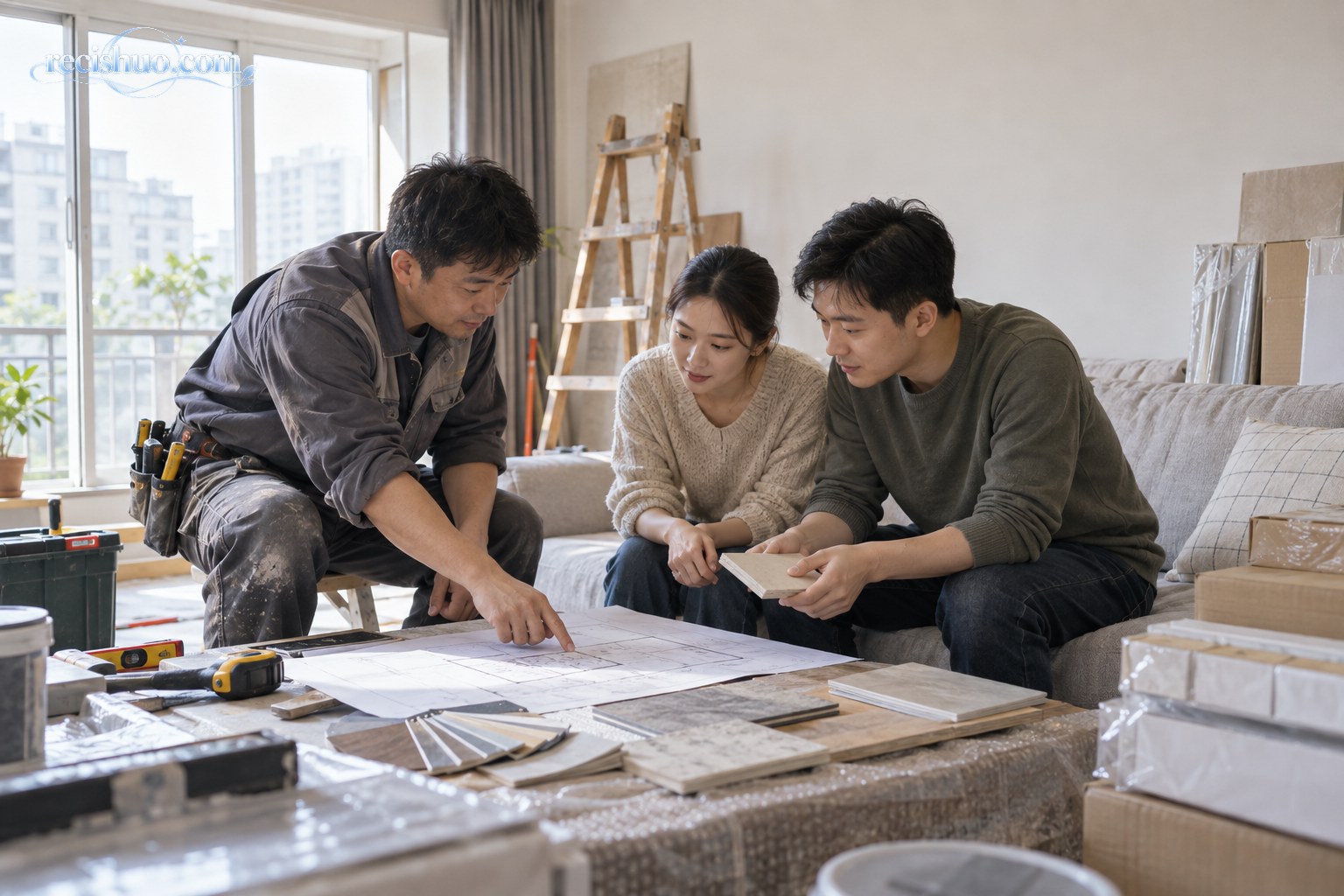业主夫妻与装修师傅在住宅内查看施工图和材料样板