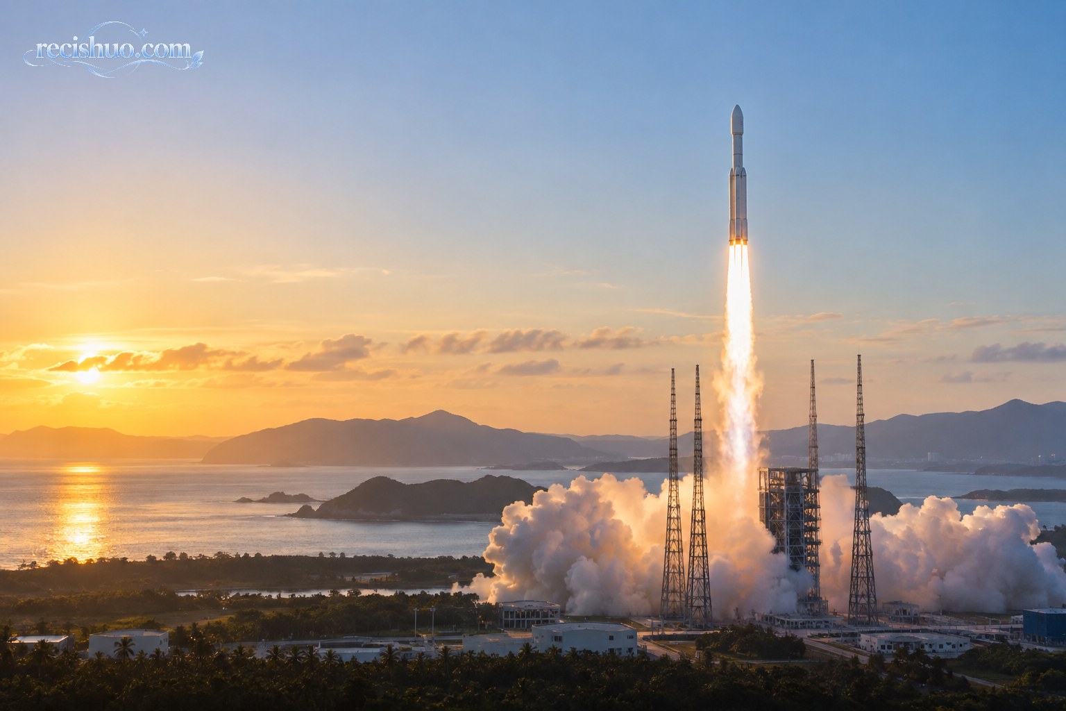 清晨沿海发射场中一枚运载火箭迎着朝阳升空的横版场景