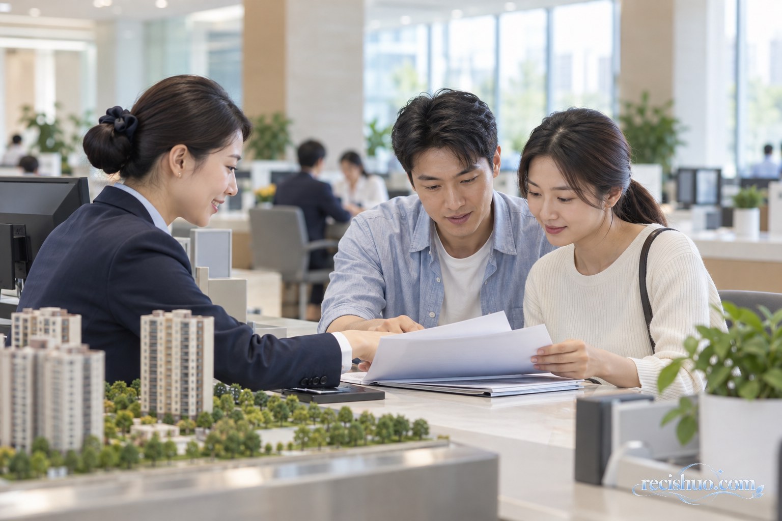年轻夫妇在住房公积金服务柜台查看办理材料