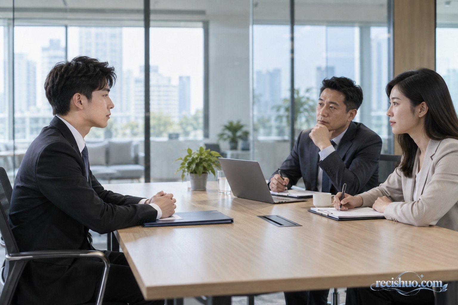 现代办公室内,一名年轻求职者与两名招聘人员进行面对面交流