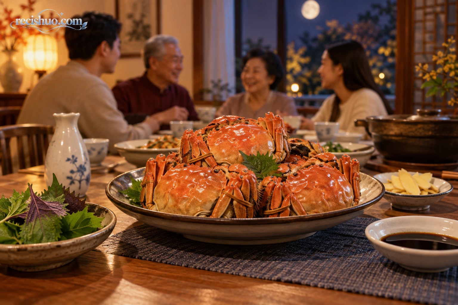 中秋夜家庭团聚餐桌上的一盘清蒸螃蟹