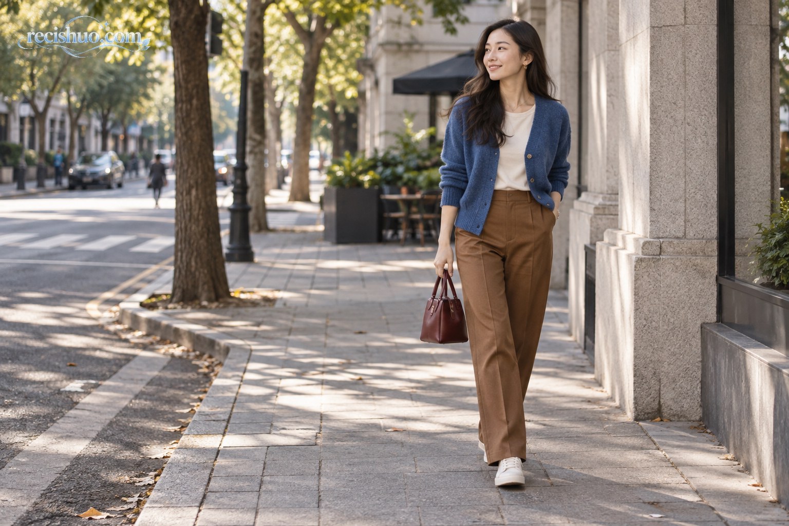 身穿钴蓝针织开衫、奶油白内搭和焦糖棕长裤的女性走在初秋城市街头