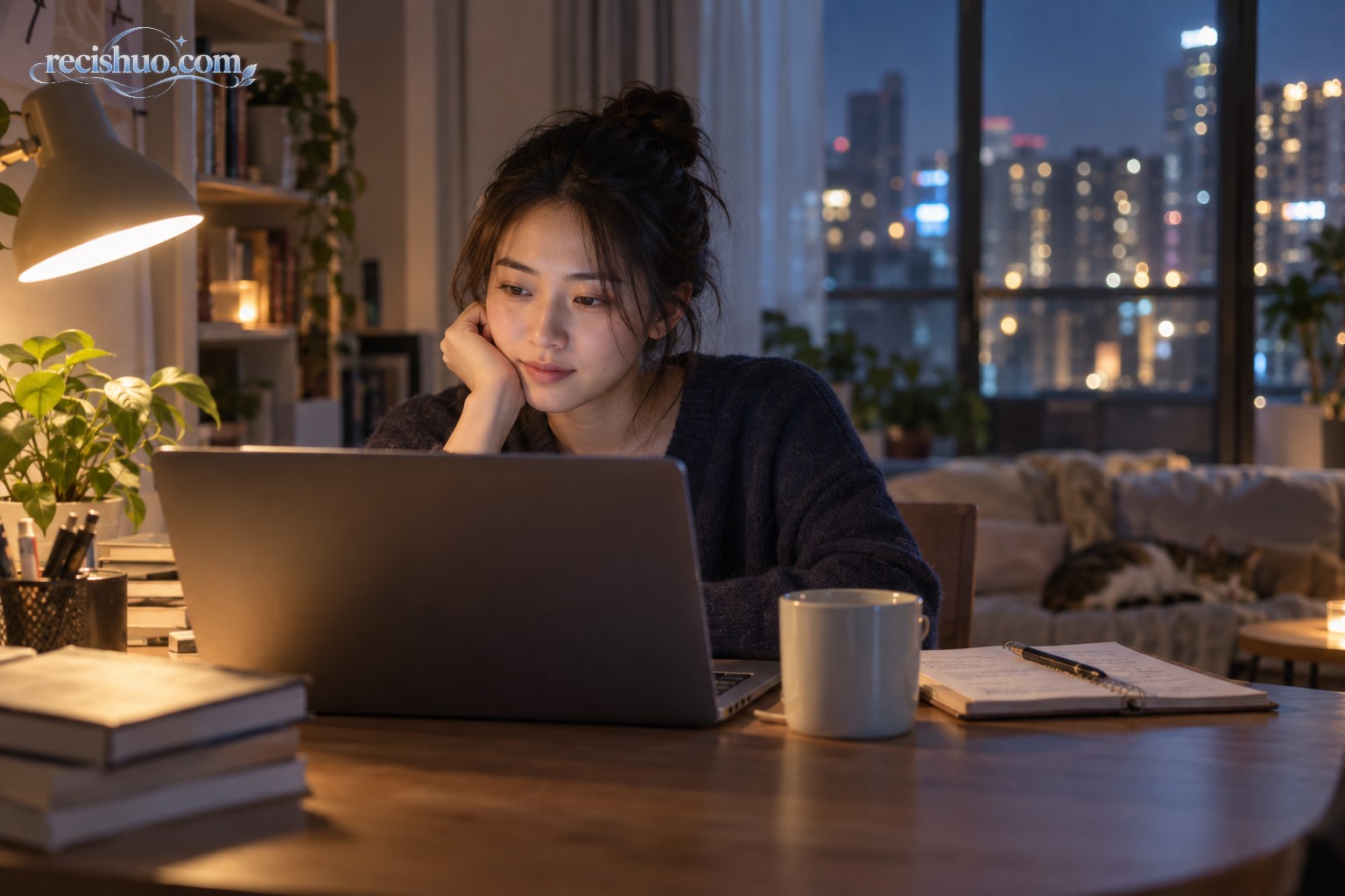 夜晚的城市公寓里,一名年轻人在台灯下使用电脑梳理情绪