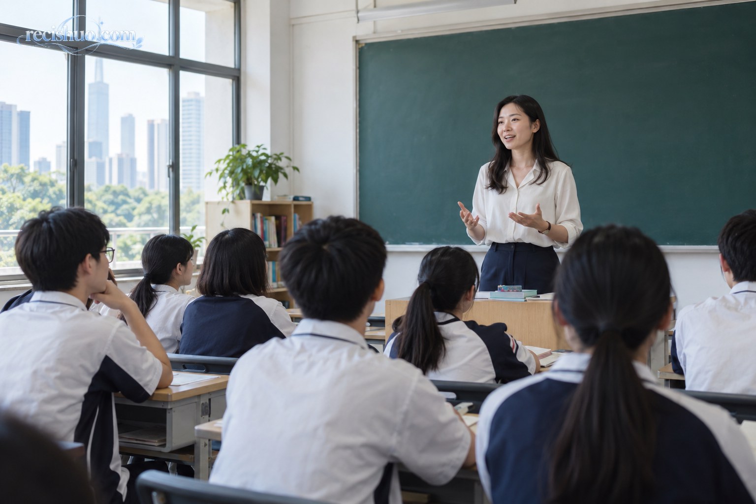 女教师在明亮的高中教室里开展班会,学生坐在课桌前认真倾听