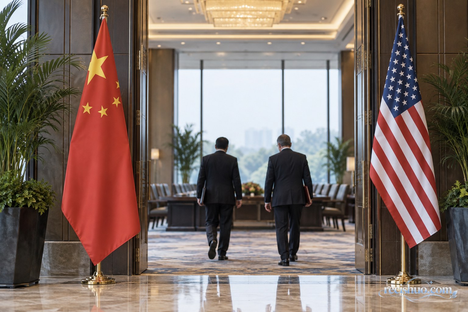 中美国旗分列国际会议厅入口两侧,两名外交人员走向会谈区