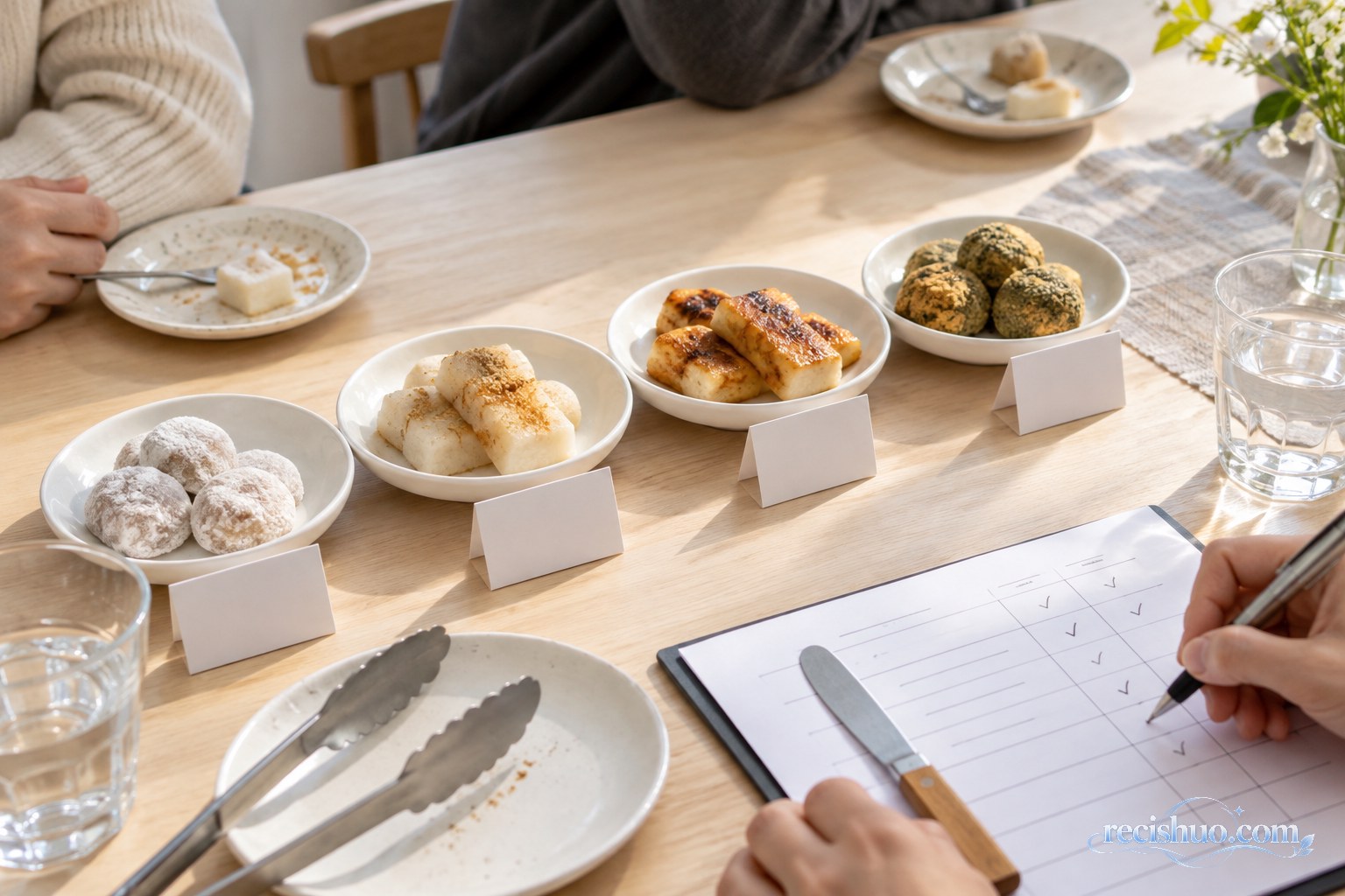 浅色餐桌上依次摆放四组待盲品的糯米零食和评分记录表
