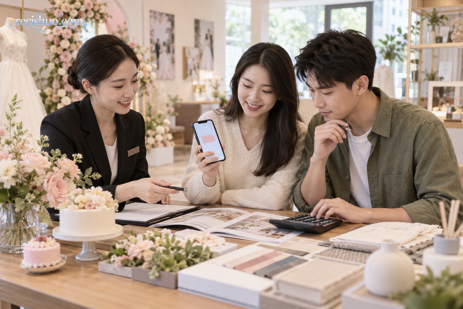 年轻情侣在婚庆服务门店核算消费券用途与结婚预算