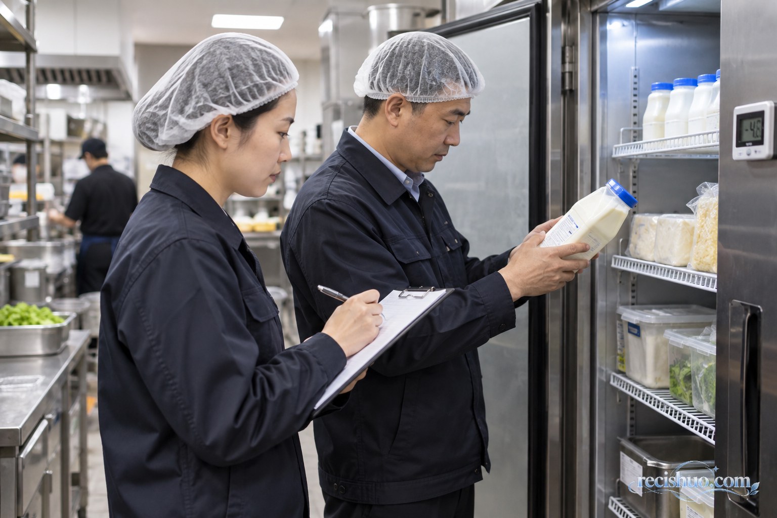 食品安全核查人员在连锁餐饮后厨检查乳制品原料和冷藏设备