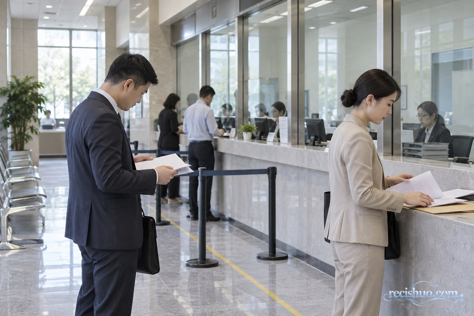 公共法律服务大厅内,人们有序整理并递交文件材料