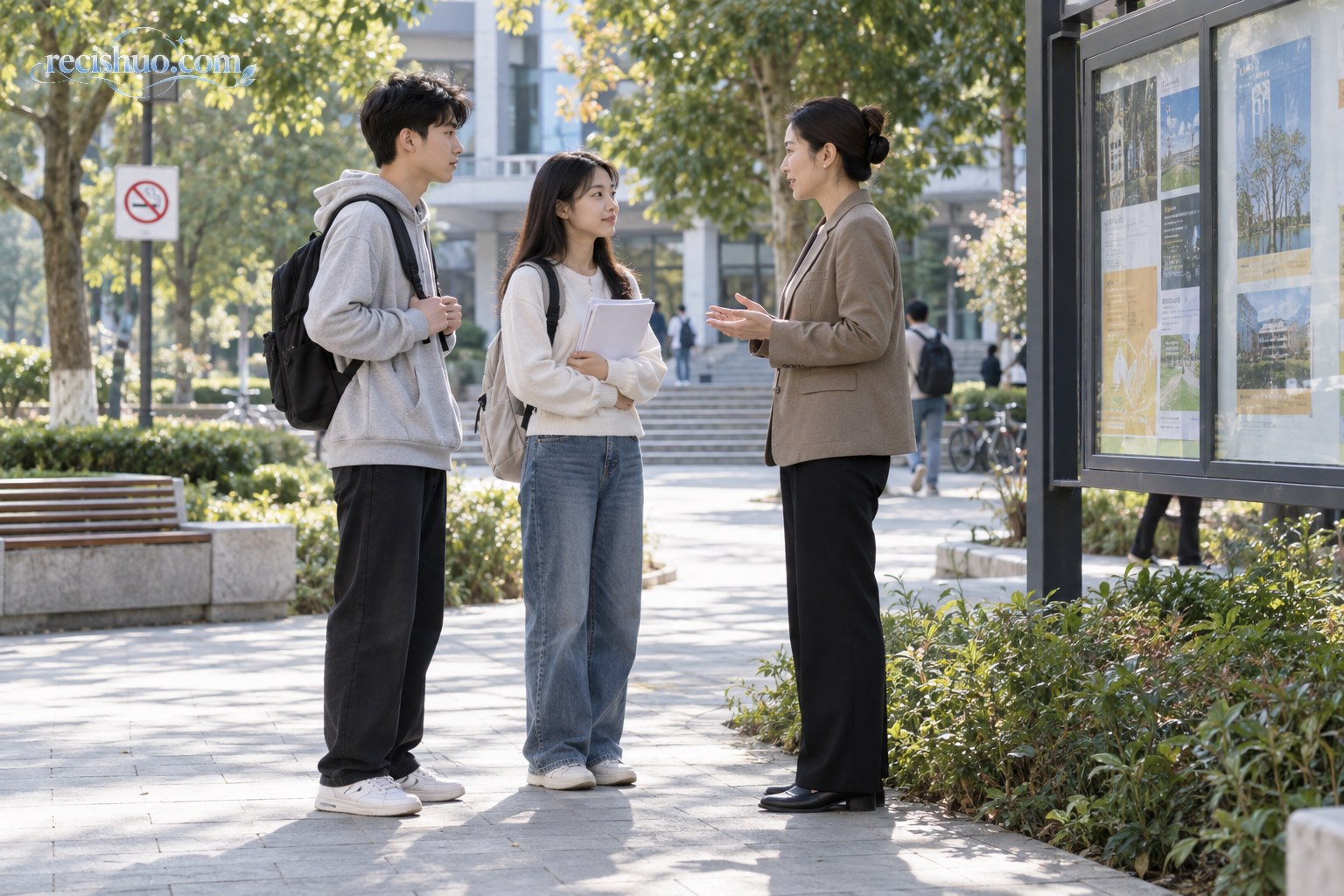 两名大学生在校园公告栏旁与教师沟通资助规则