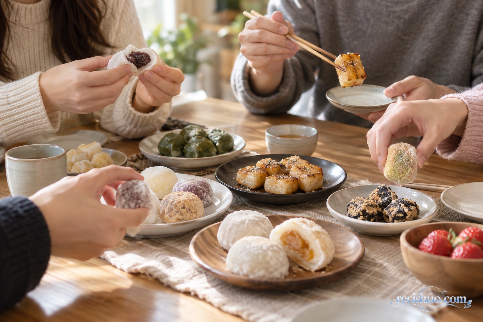 朋友们围坐在木桌旁分享麻薯、年糕和糯米团等多种软糯零食