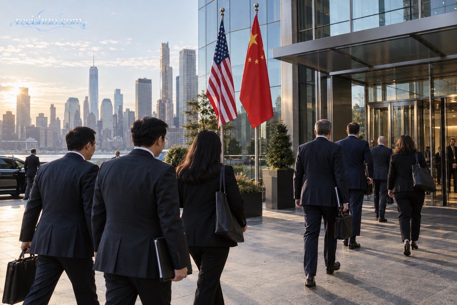 中美双方商务代表进入纽约一座现代会议建筑的纪实场景
