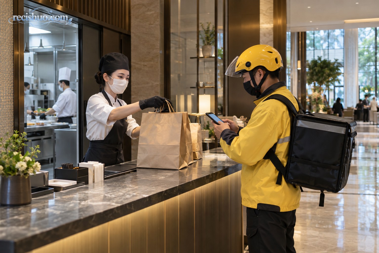 酒店餐饮员工在独立取餐台向配送员交接密封外卖纸袋
