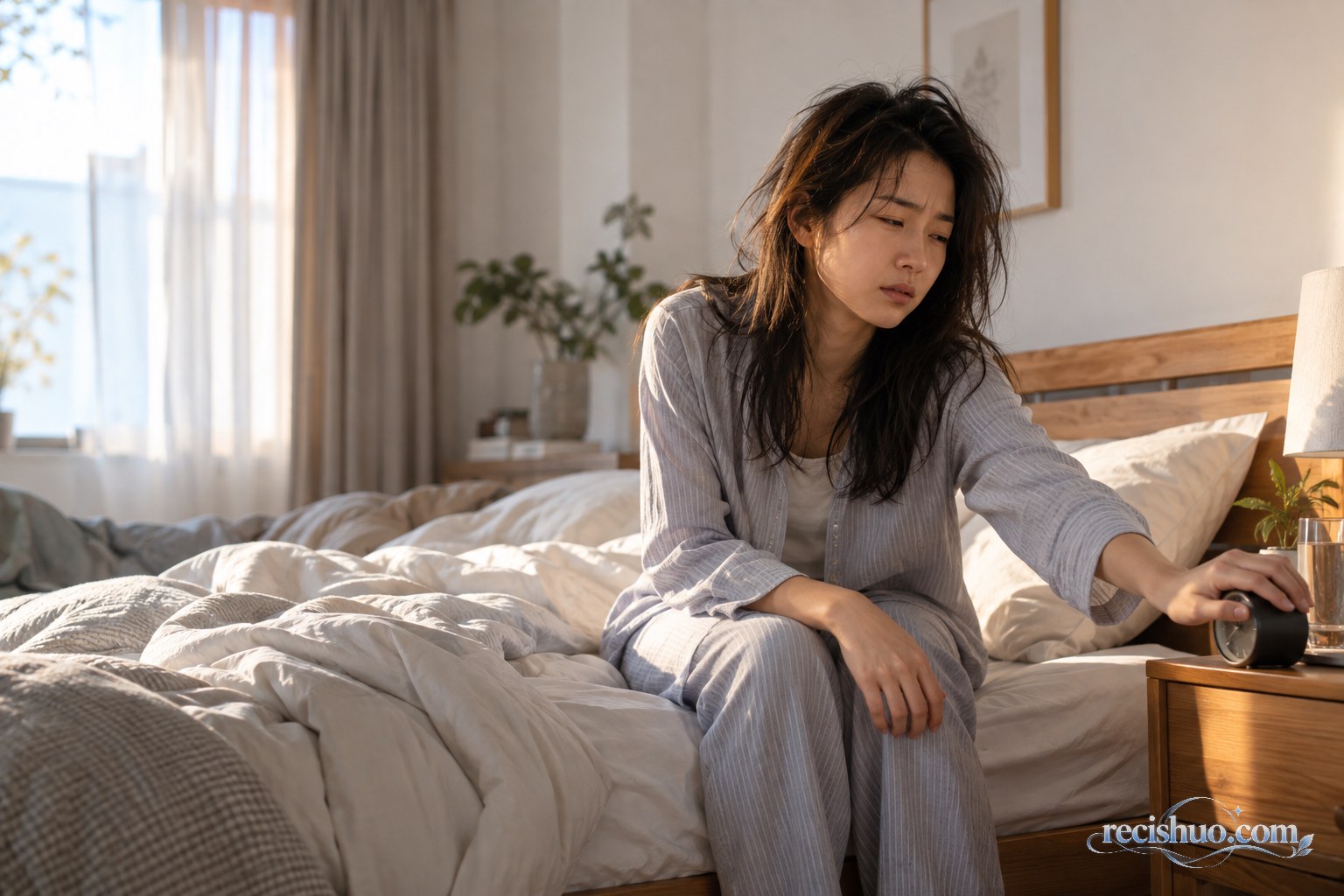 清晨卧室里一名刚睡醒的女性疲倦地坐在床边关闭闹钟