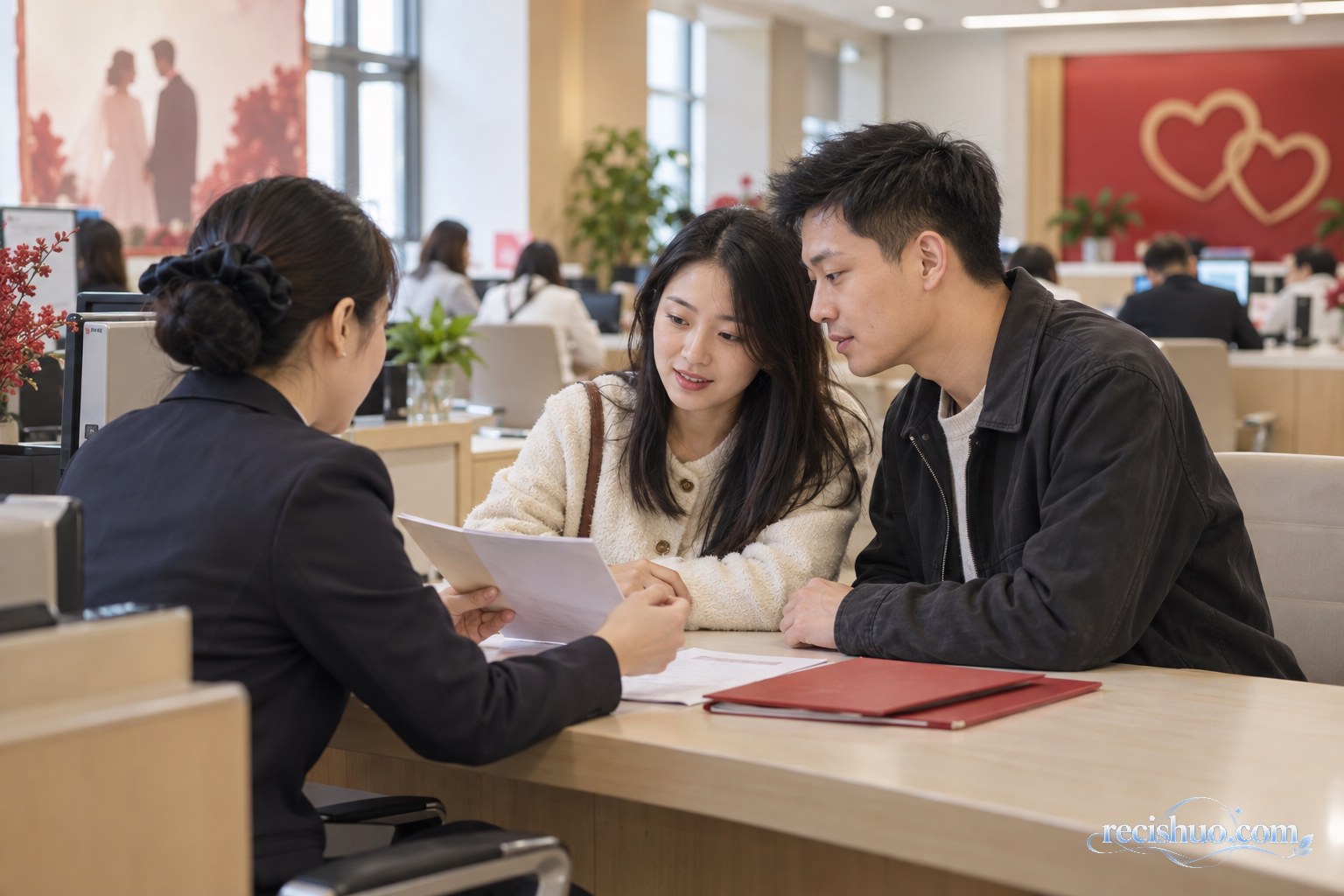 年轻情侣在婚姻登记服务大厅向工作人员咨询婚育奖励政策