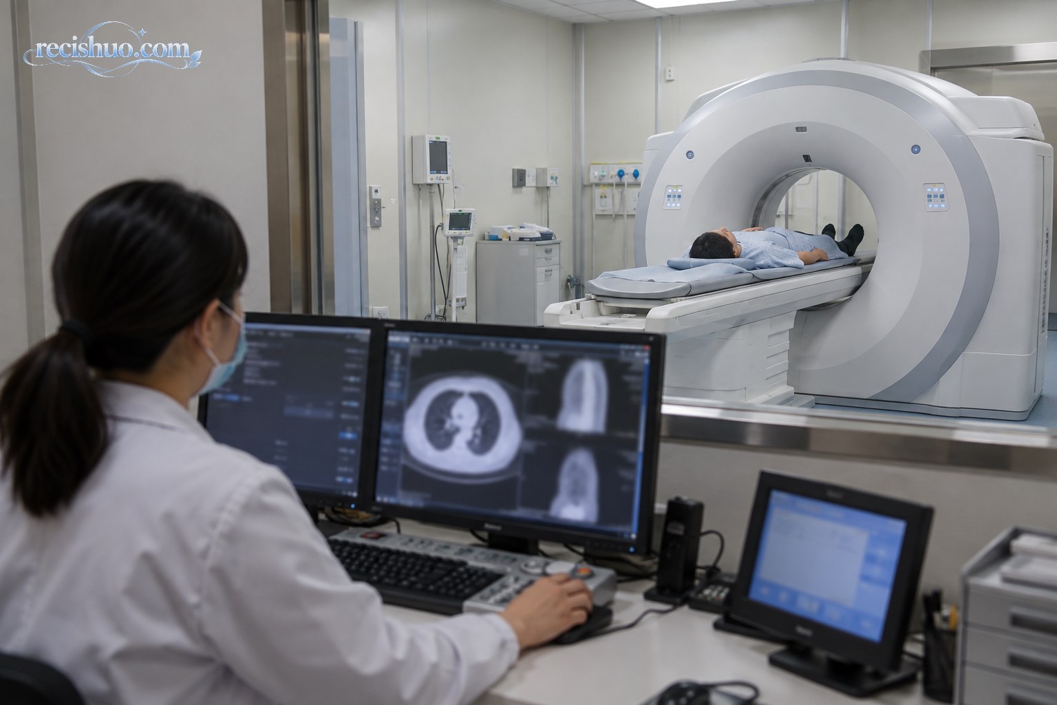 受检者在医院接受胸部CT检查,技师在控制室操作设备