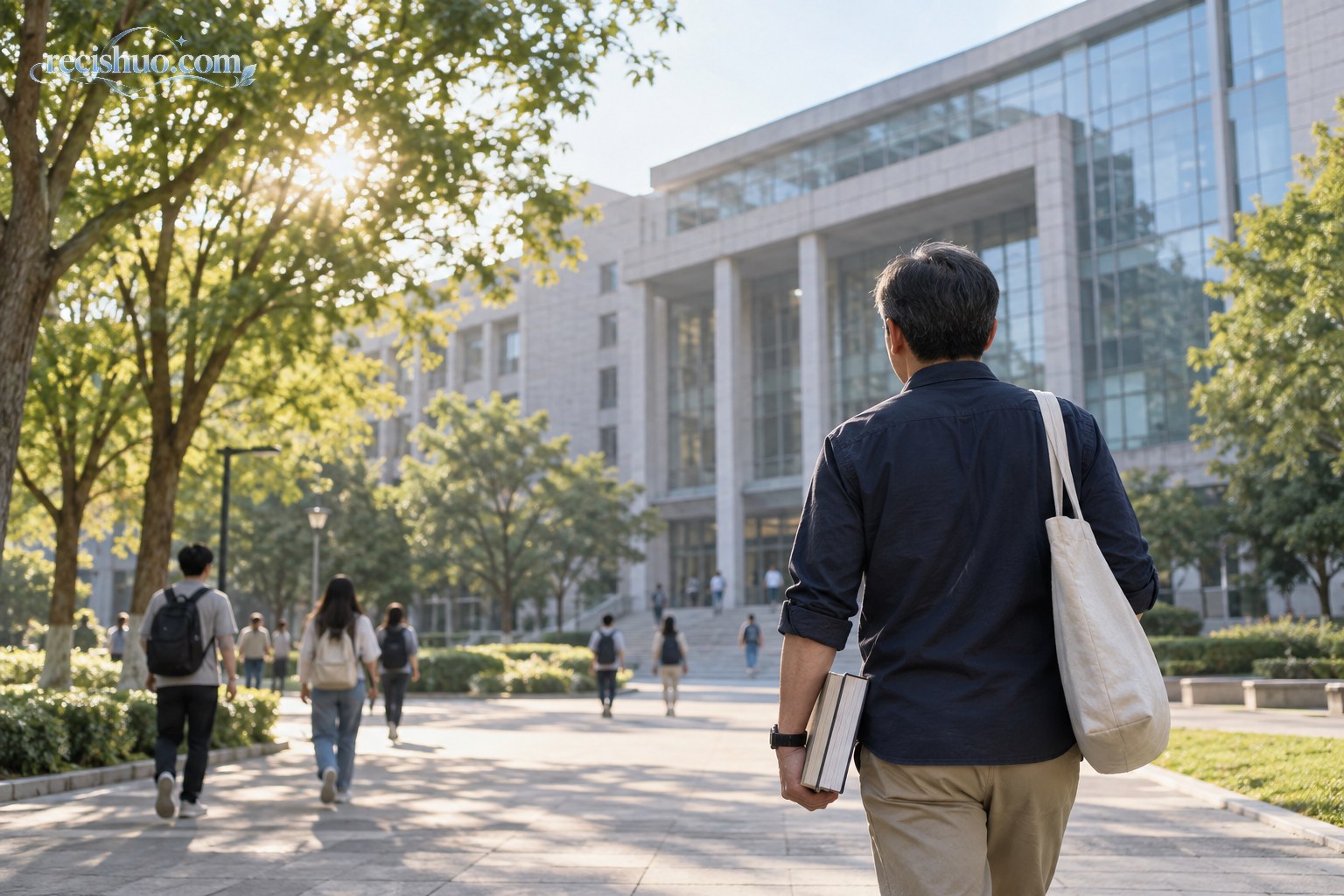 接近四十岁的男性手持书本走向晨光中的大学教学楼