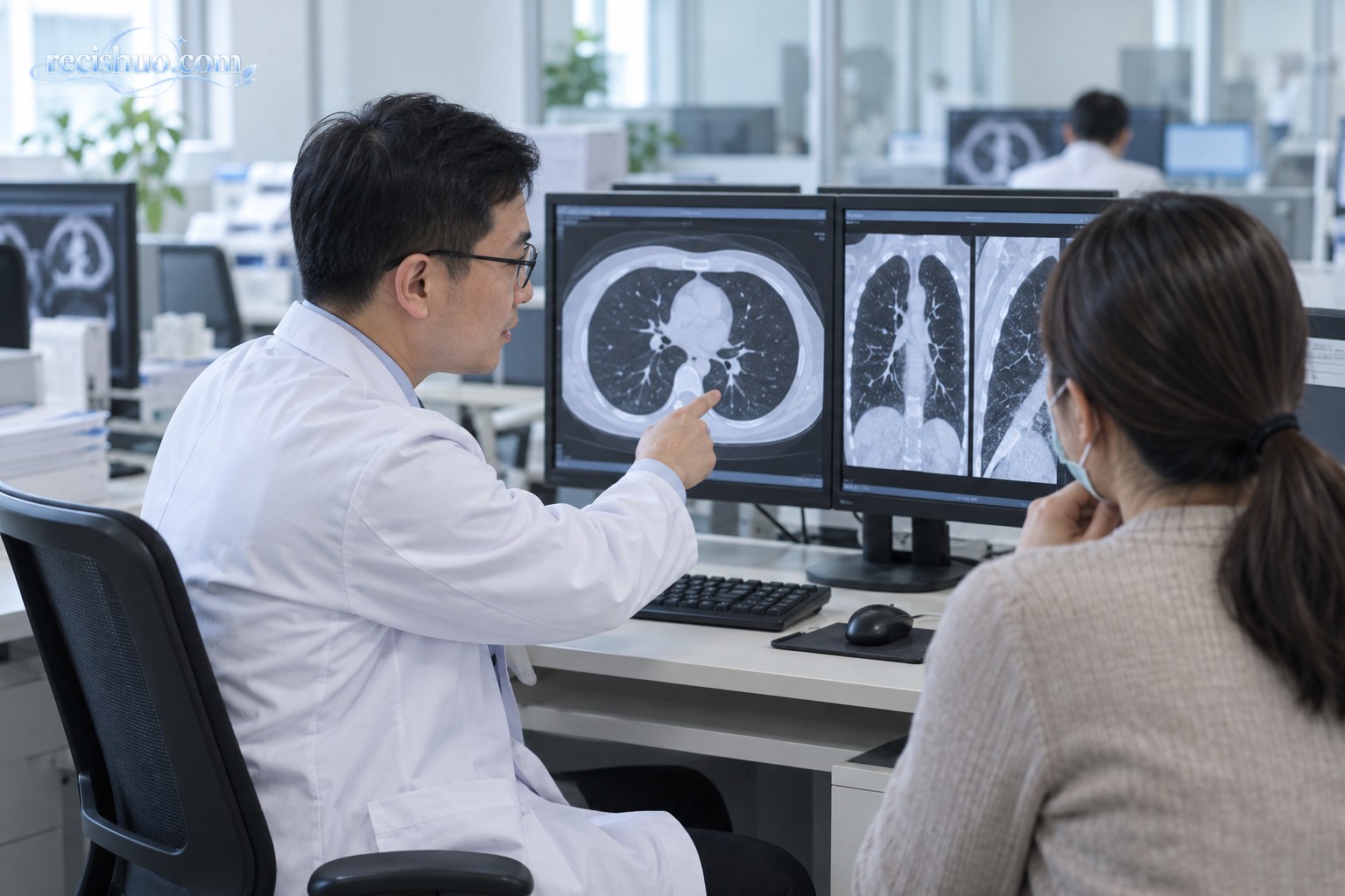 医生在影像阅片室向患者讲解胸部CT检查结果