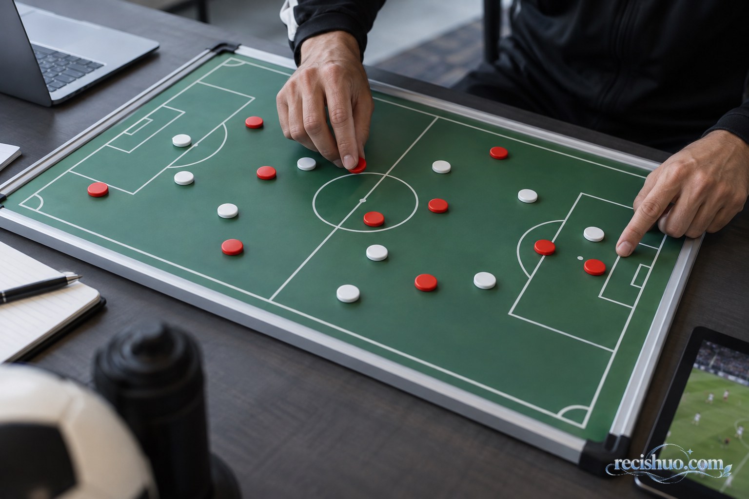 分析员在无文字战术板上移动红白棋子复盘足球攻防站位