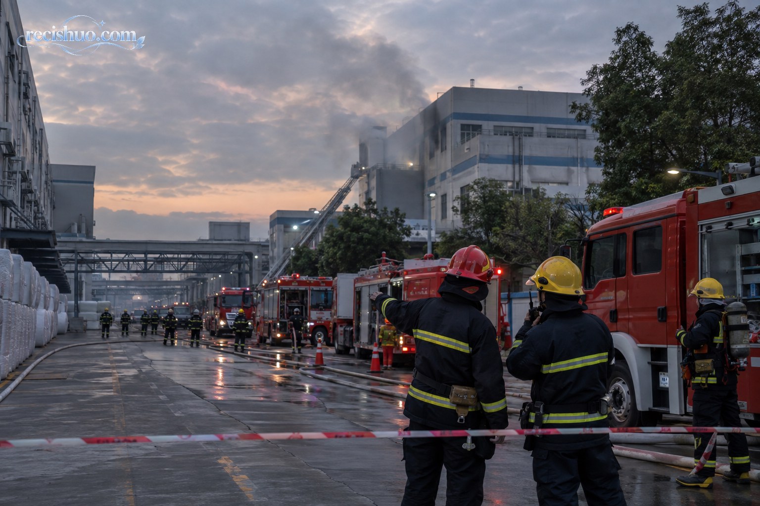 工业园区厂房出现烟雾后消防救援人员在外围协调处置的新闻纪实场景