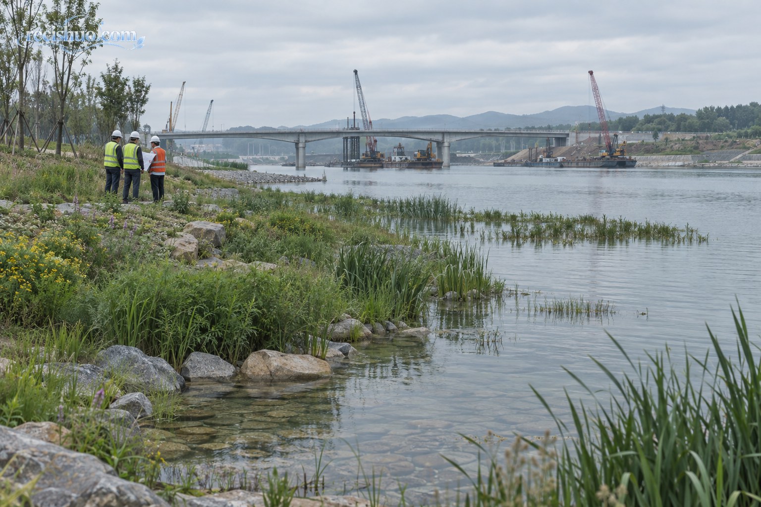 湿地植物、生态岸坡与远处运河施工现场相互衔接的工程场景