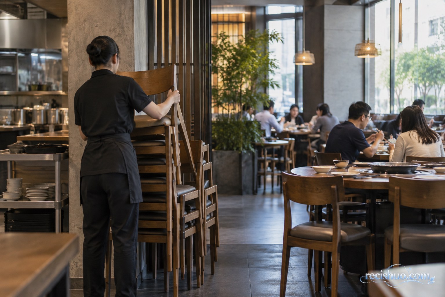 餐厅工作人员在正常营业区域旁整理并叠放部分座椅