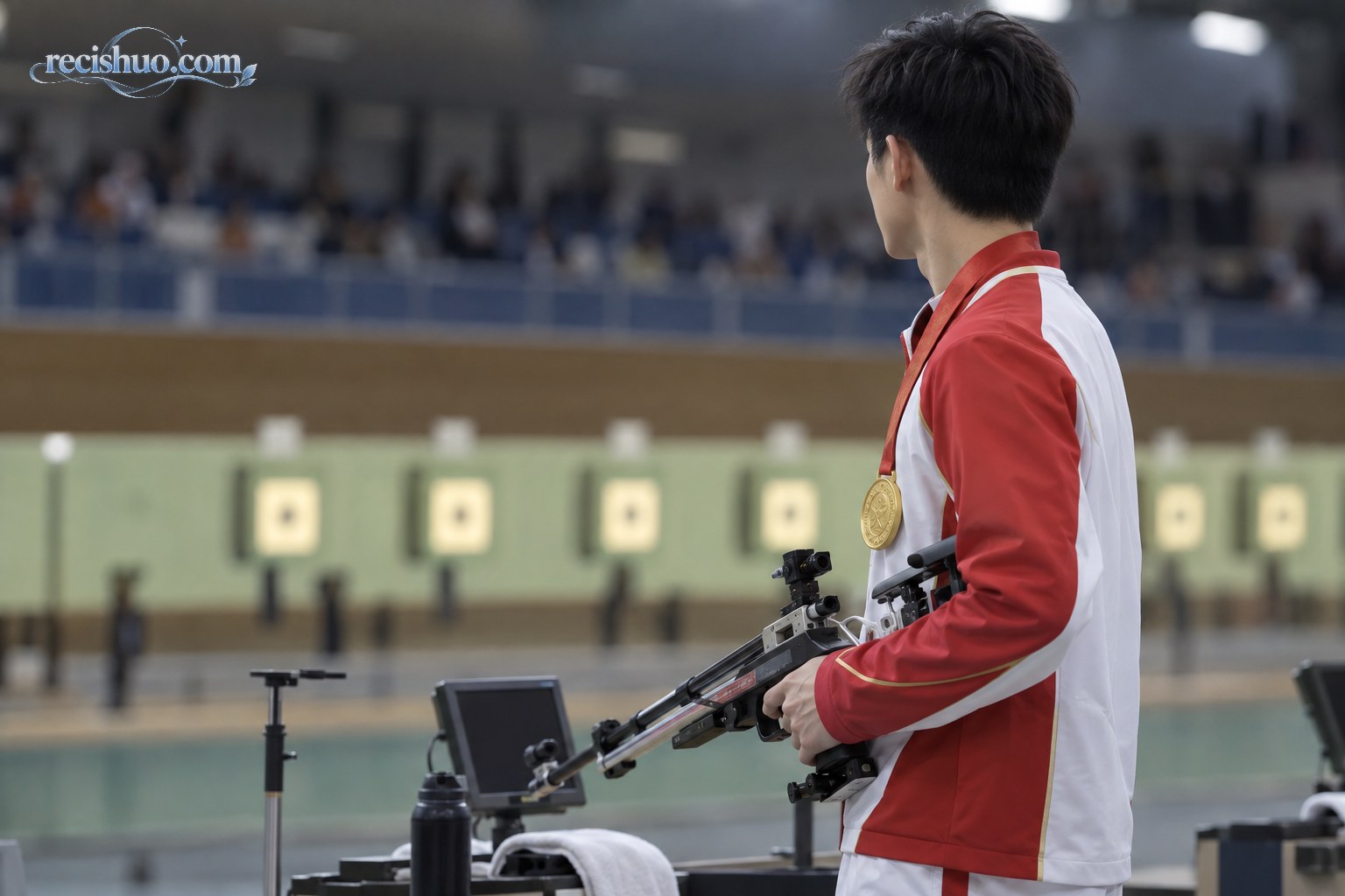年轻男子射击运动员在室内射击馆手持气步枪并佩戴金色奖牌