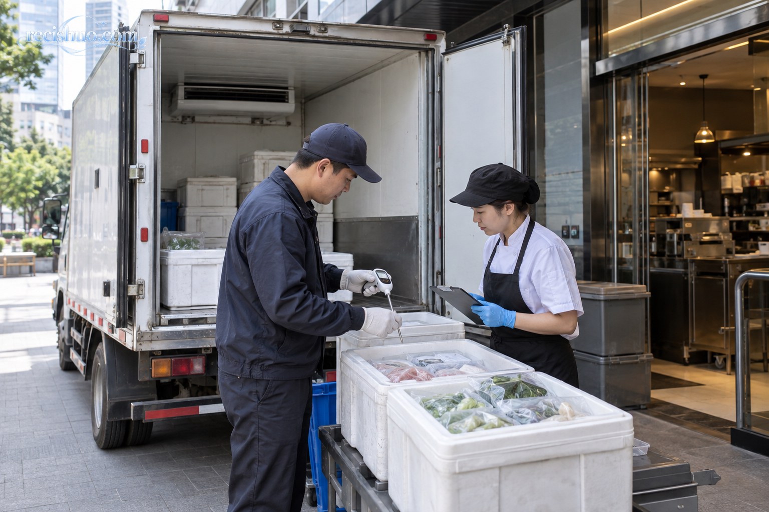 配送人员与门店员工在冷藏车旁检查食材温度和交接情况