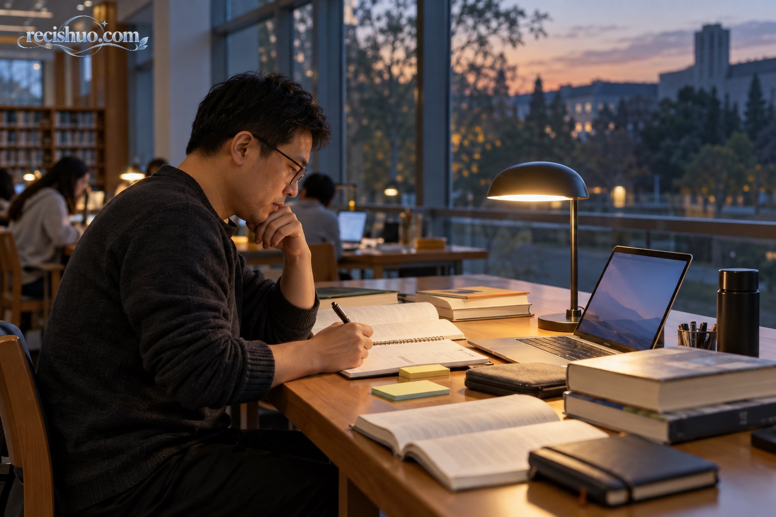 成年学习者傍晚在大学图书馆整理课程与学习计划