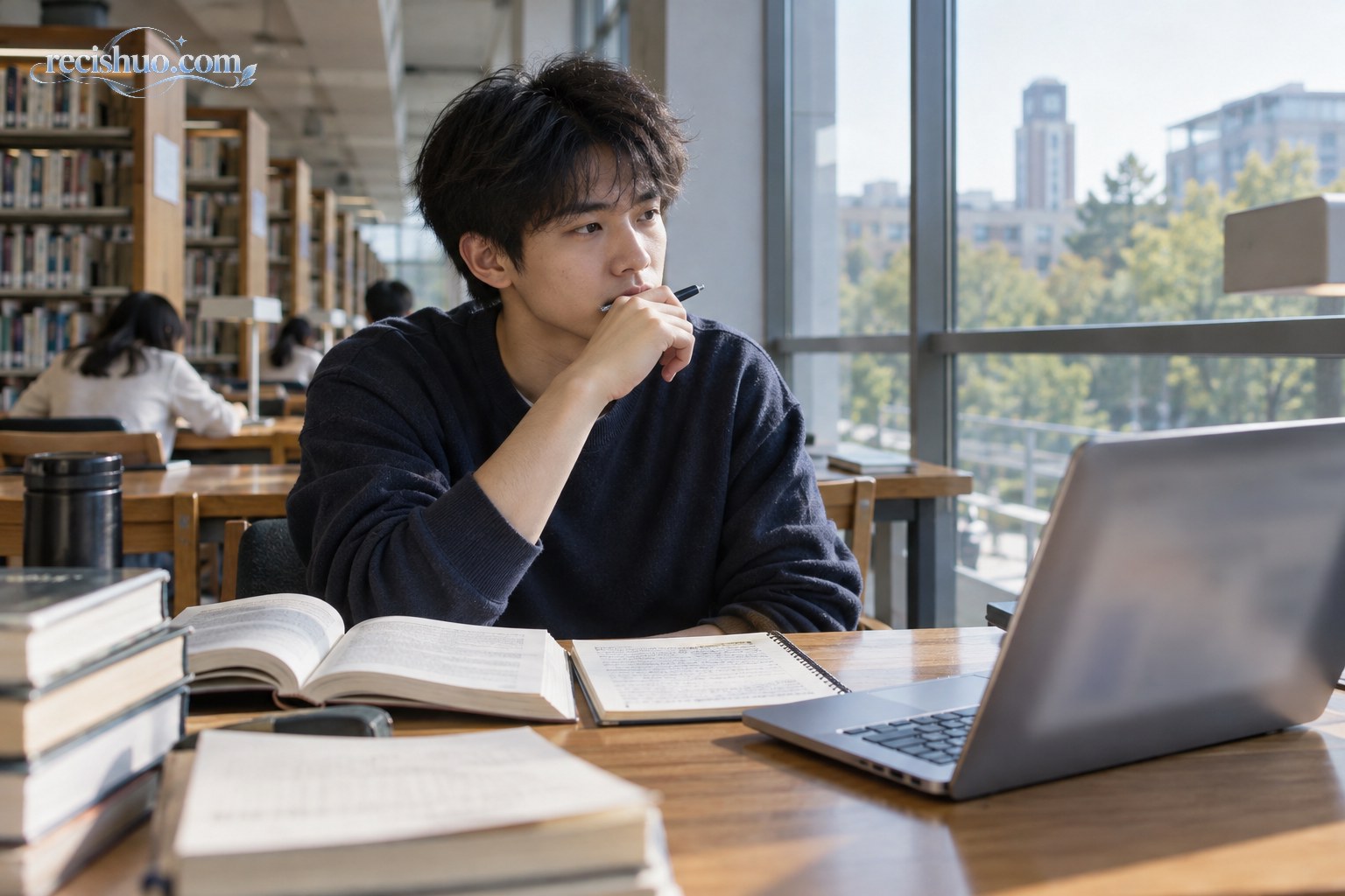 大学生在图书馆的书本与电脑前停笔思考