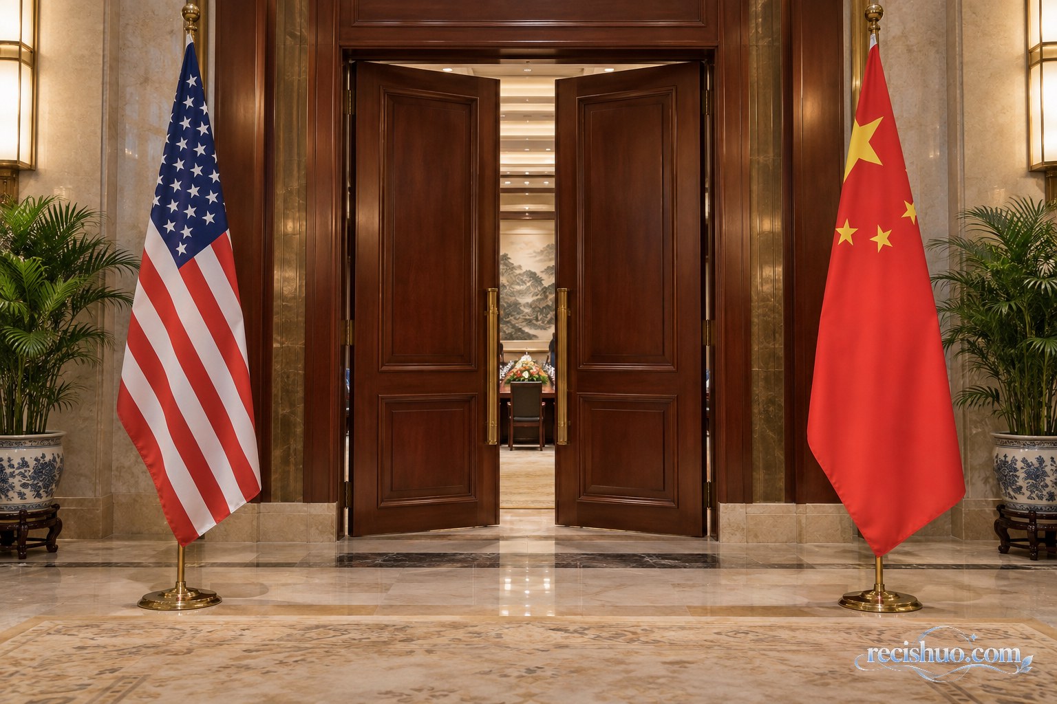 中美国旗分列外交会议厅入口两侧,木门开启通向会谈空间