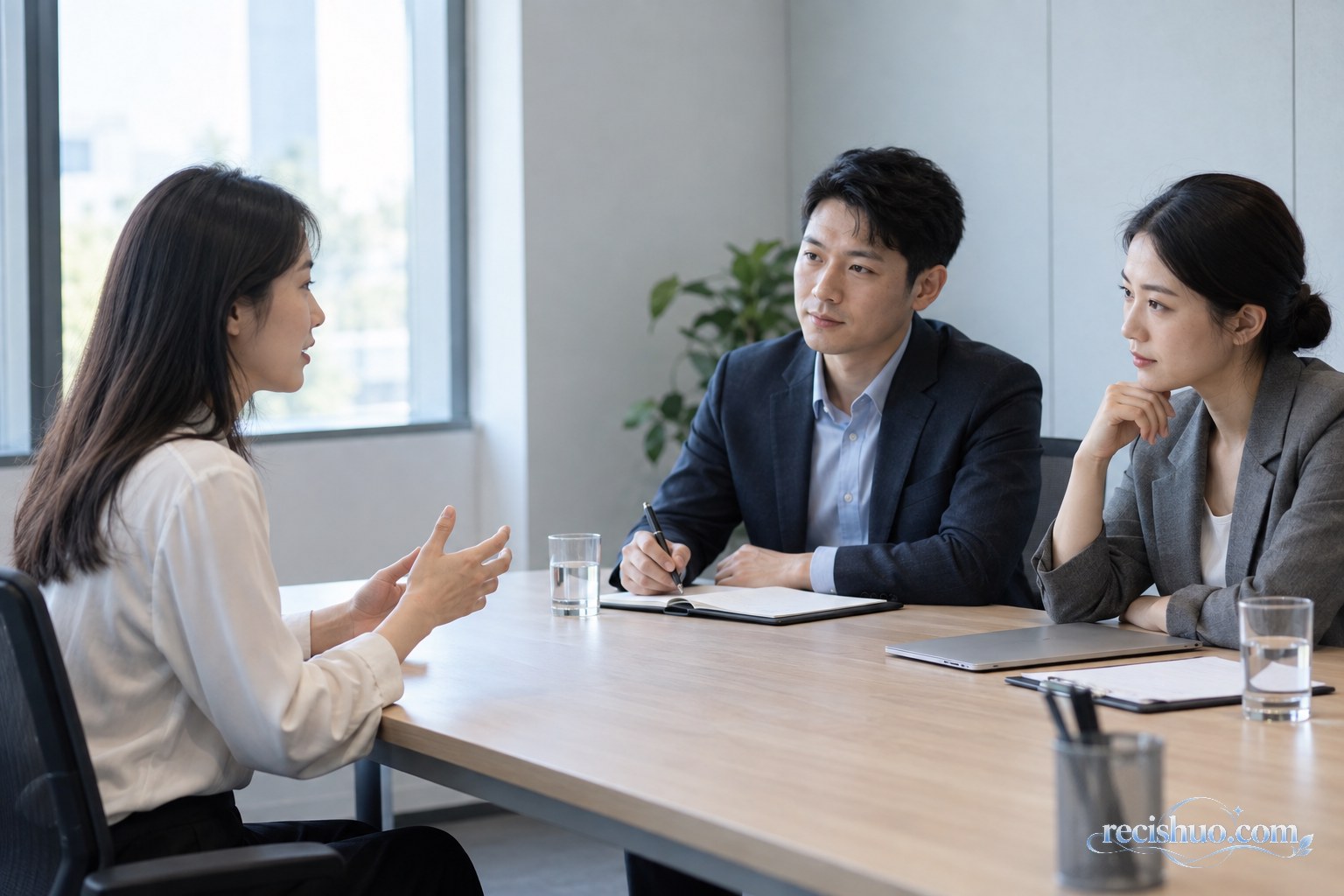 求职者在会议室向两名面试官介绍自己的项目经历