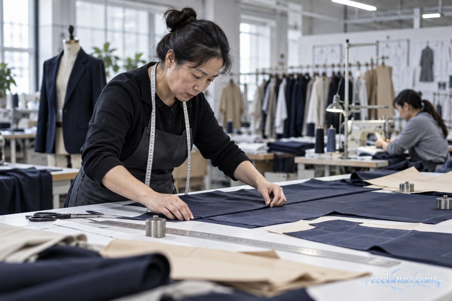 现代服装样衣间内,技术人员在裁剪台上精确对齐布料与纸样