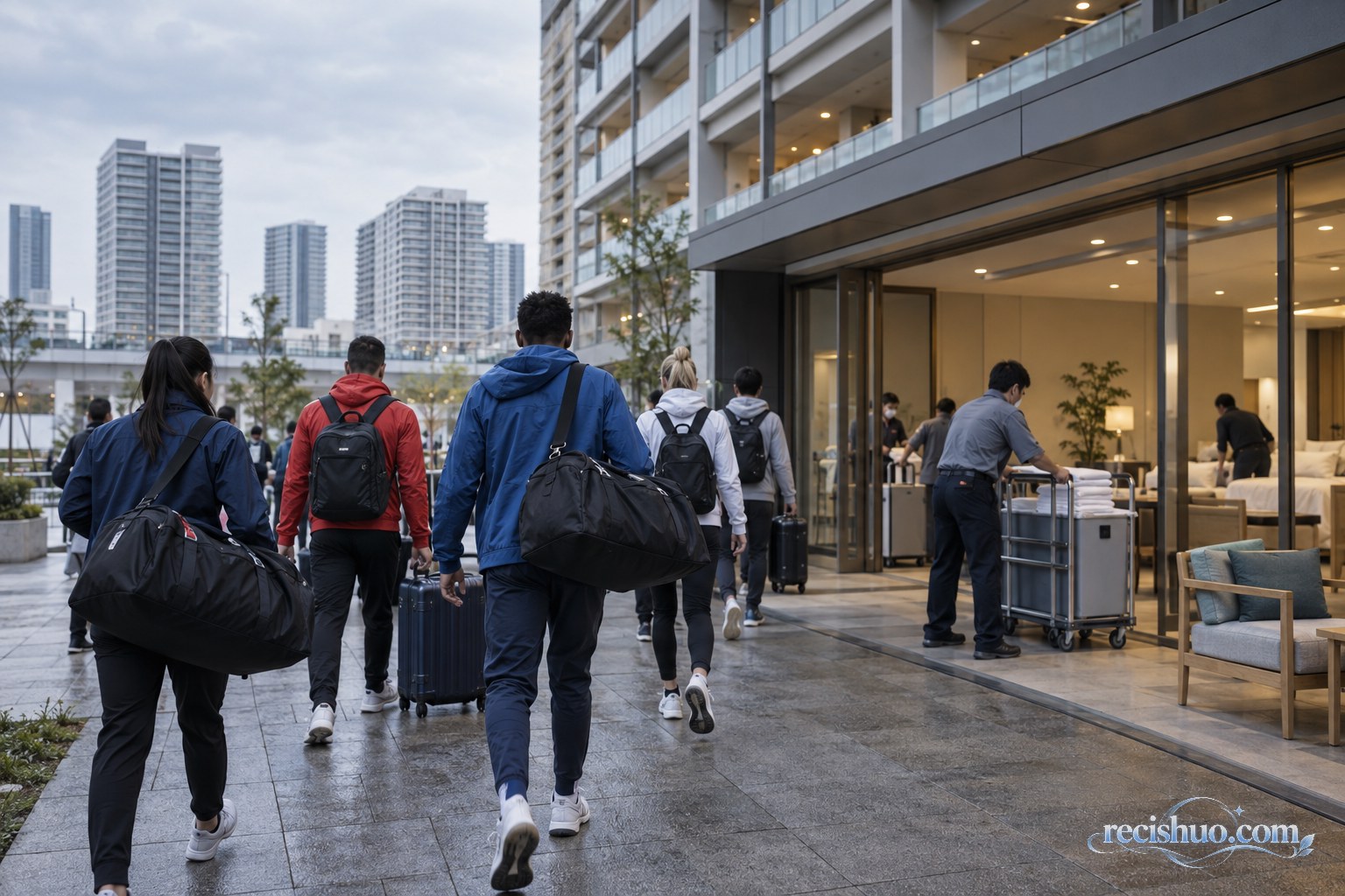 运动员携带行李进入大型赛事住宿设施,工作人员在入口处整理物资