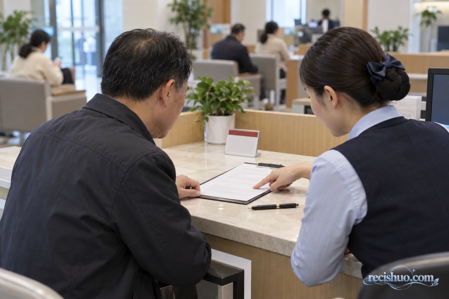 客户在社区银行咨询台核对定期存款办理条件