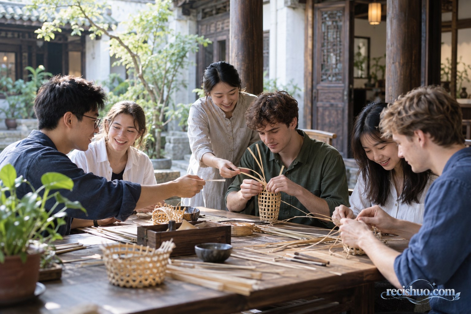 中美青年在传统院落共同体验竹编手工艺并相互协作