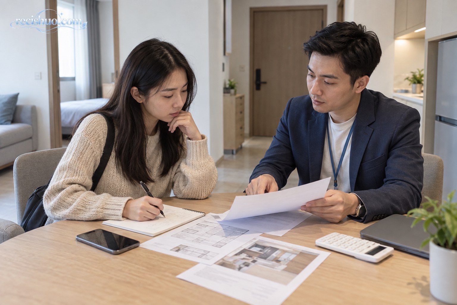 租客与公寓工作人员在签约前核对合同和房屋资料