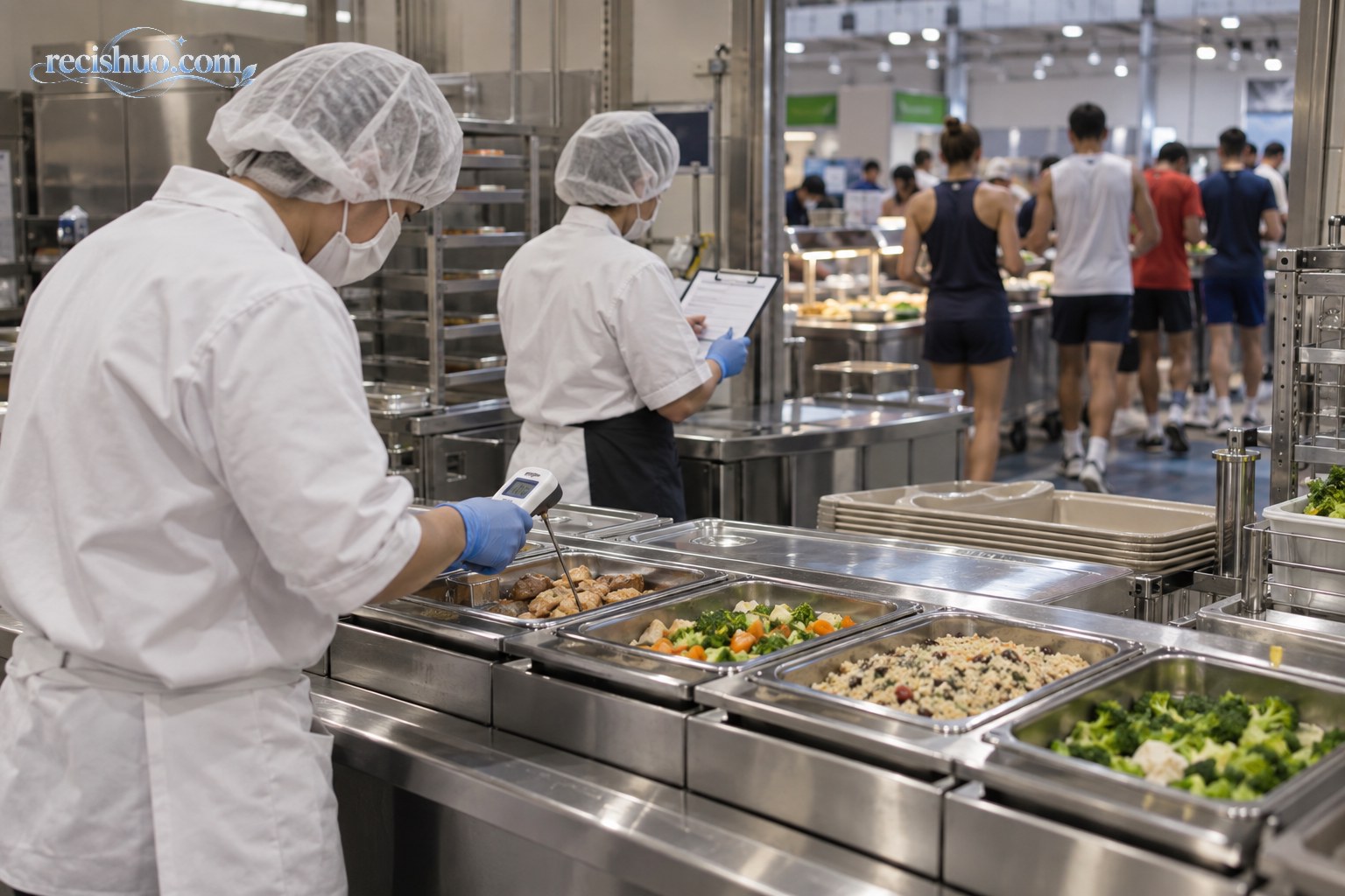 大型赛事餐厅工作人员检查餐食温度与供餐准备情况