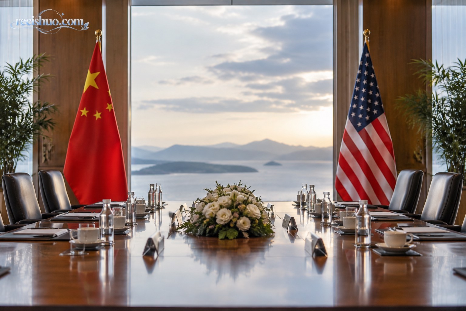 中美国旗分列国际会议桌两侧,象征双方通过对话推动关系平稳前行
