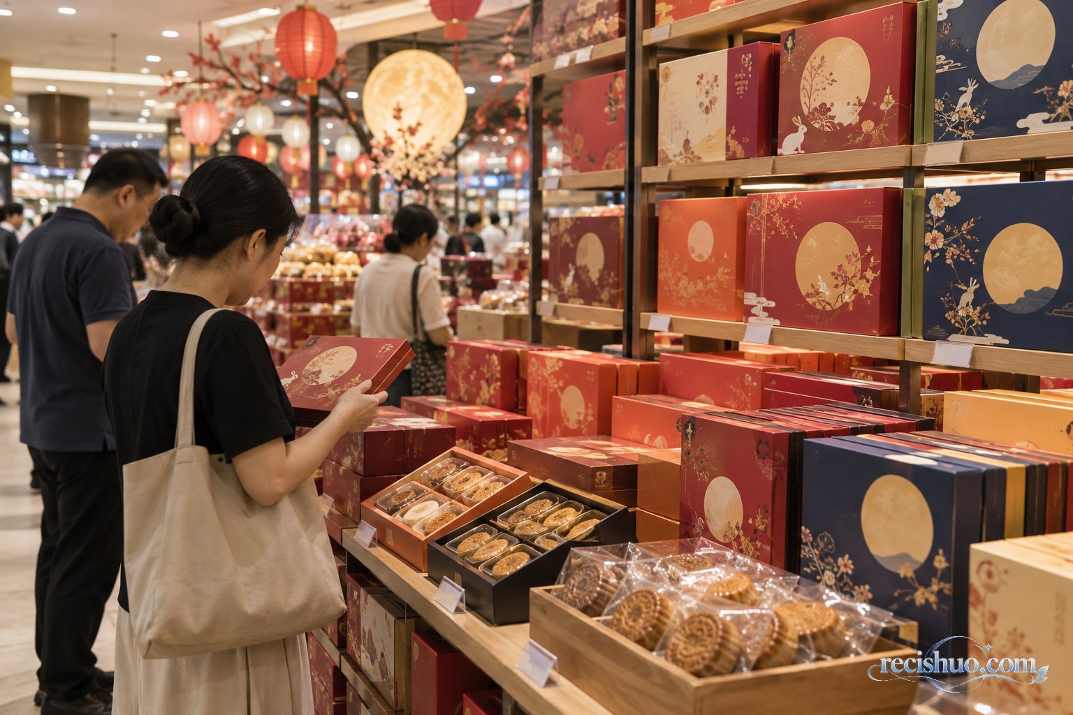 中秋节前消费者在商超月饼专区比较不同礼盒
