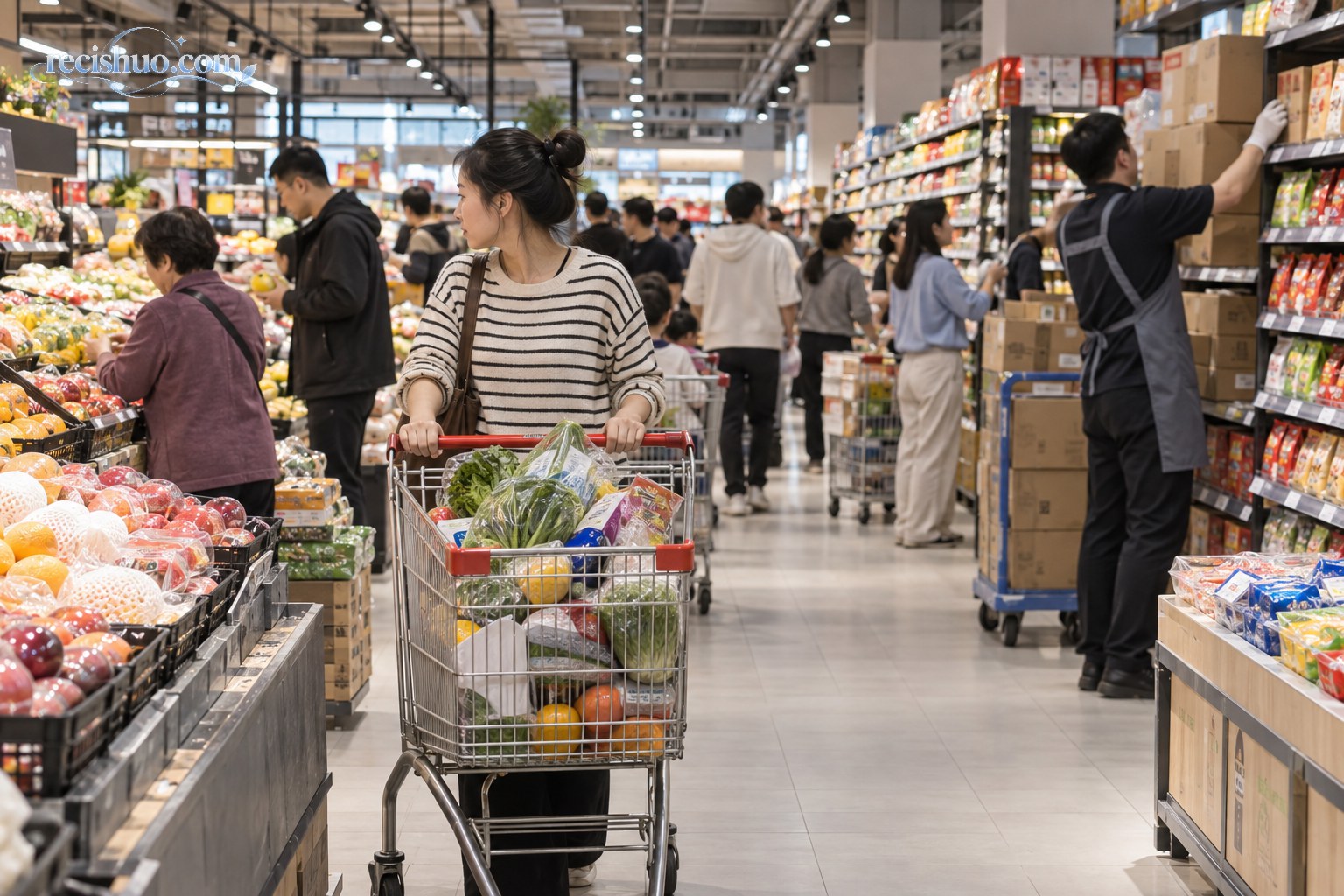 客流密集的超市内,消费者推车选购商品,工作人员在一旁补货