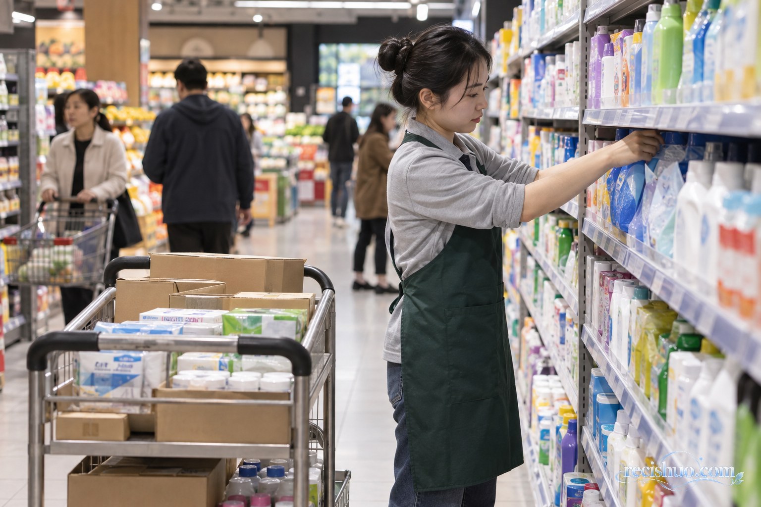 营业中的超市里,理货员使用推车为日用品货架补货