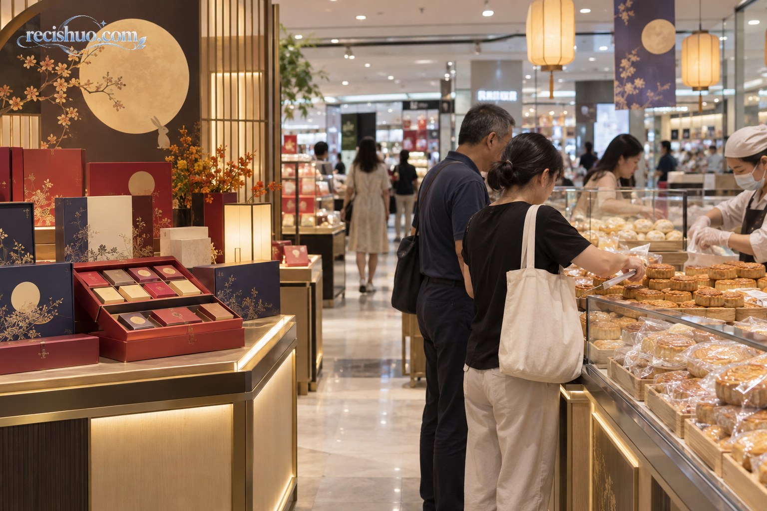 商场内精装月饼礼盒与散装月饼柜台形成消费场景对照