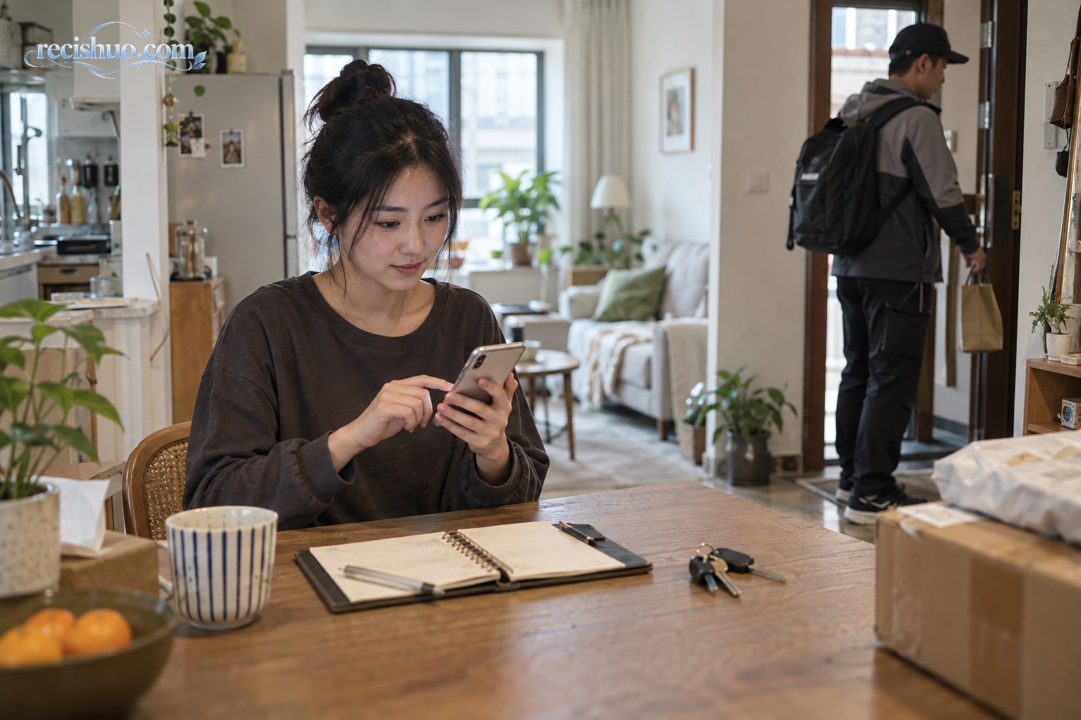 年轻女子在家中用手机安排生活代办服务,服务人员正从门口出发